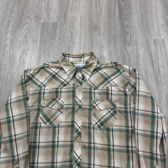 Vintage Wrangler Wrancher Shirt Men's 2XL XXL Tan Green Snap Button Pearl 90s - Picture 1 of 8
